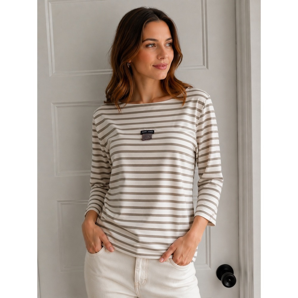 Saint James Breton Anti UV Striped Top Cream Taupe 3/4 Sleeve Made in France S